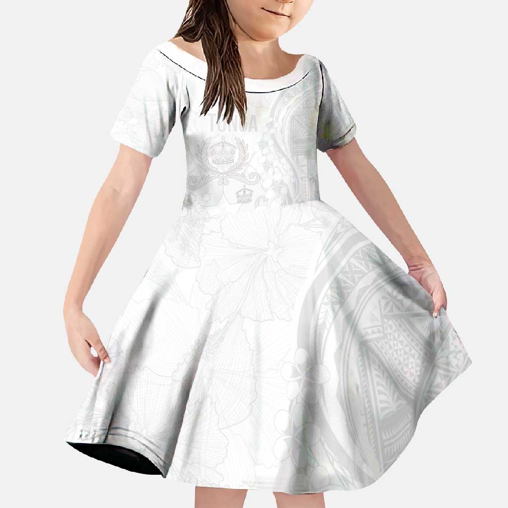 Tonga Faka Sepitema Family Matching Mermaid Dress and Hawaiian Shirt Ngatu Pattern with Plumeria and Hibiscus LT03 Daughter's Dress White - Polynesian Pride