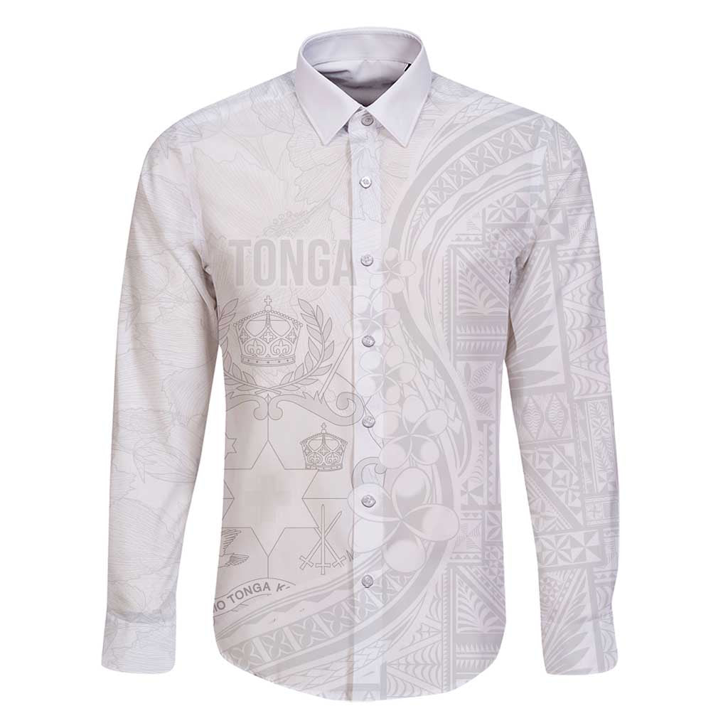 Tonga Faka Sepitema Family Matching Mermaid Dress and Hawaiian Shirt Ngatu Pattern with Plumeria and Hibiscus LT03 Dad's Shirt - Long Sleeve White - Polynesian Pride
