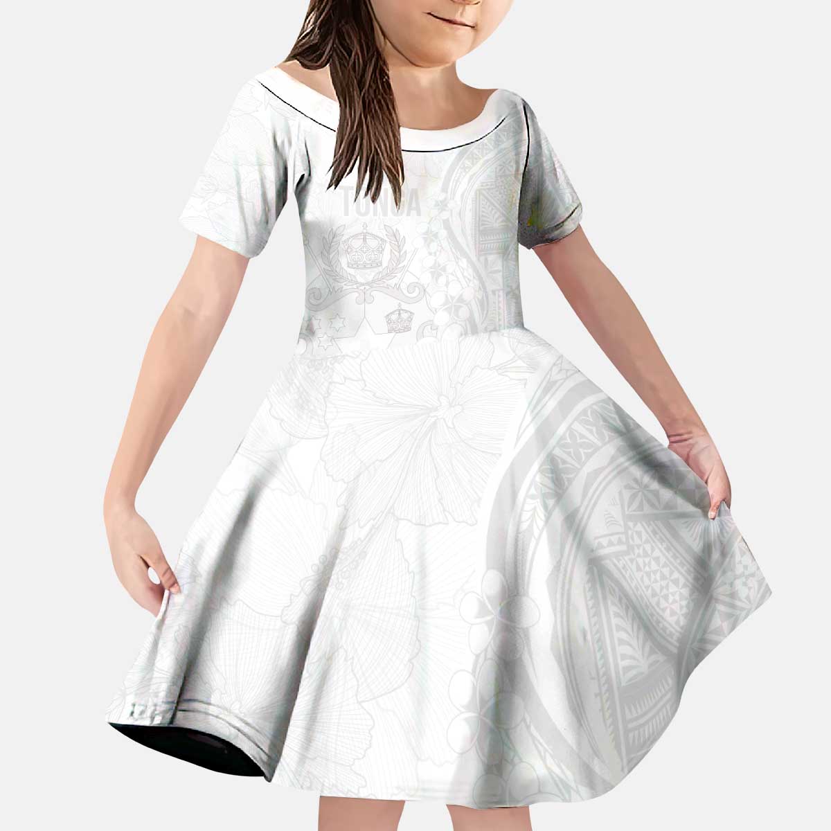 Tonga Faka Sepitema Kid Short Sleeve Dress Ngatu Pattern with Plumeria and Hibiscus