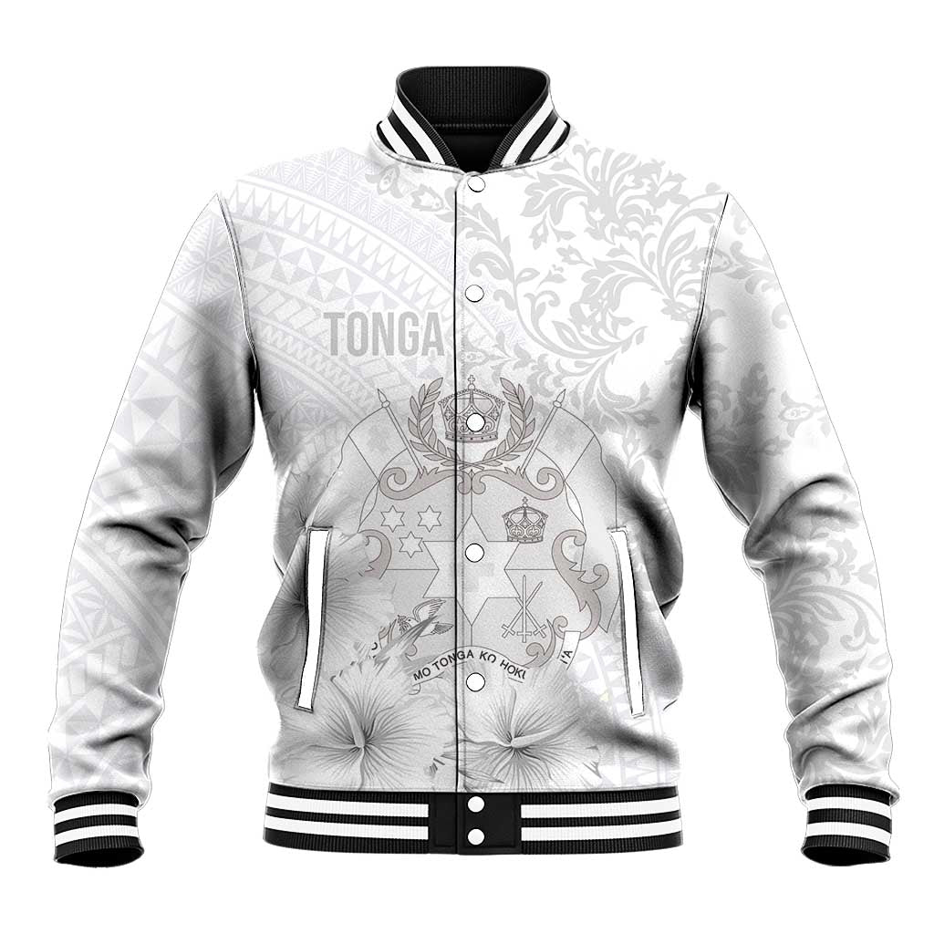 Tonga Faka Sepitema Baseball Jacket Ngatu and Floral Pattern with Blooming Hibiscus LT03 Unisex White - Polynesian Pride