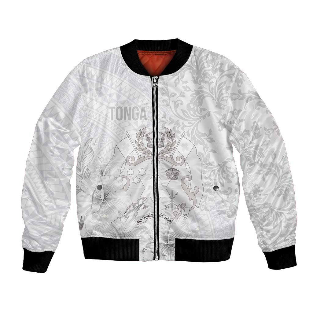 Tonga Faka Sepitema Bomber Jacket Ngatu and Floral Pattern with Blooming Hibiscus LT03 Unisex White - Polynesian Pride