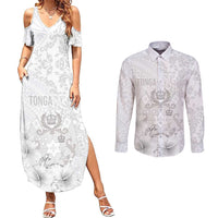 Tonga Faka Sepitema Couples Matching Summer Maxi Dress and Long Sleeve Button Shirt Ngatu and Floral Pattern with Blooming Hibiscus LT03 White - Polynesian Pride