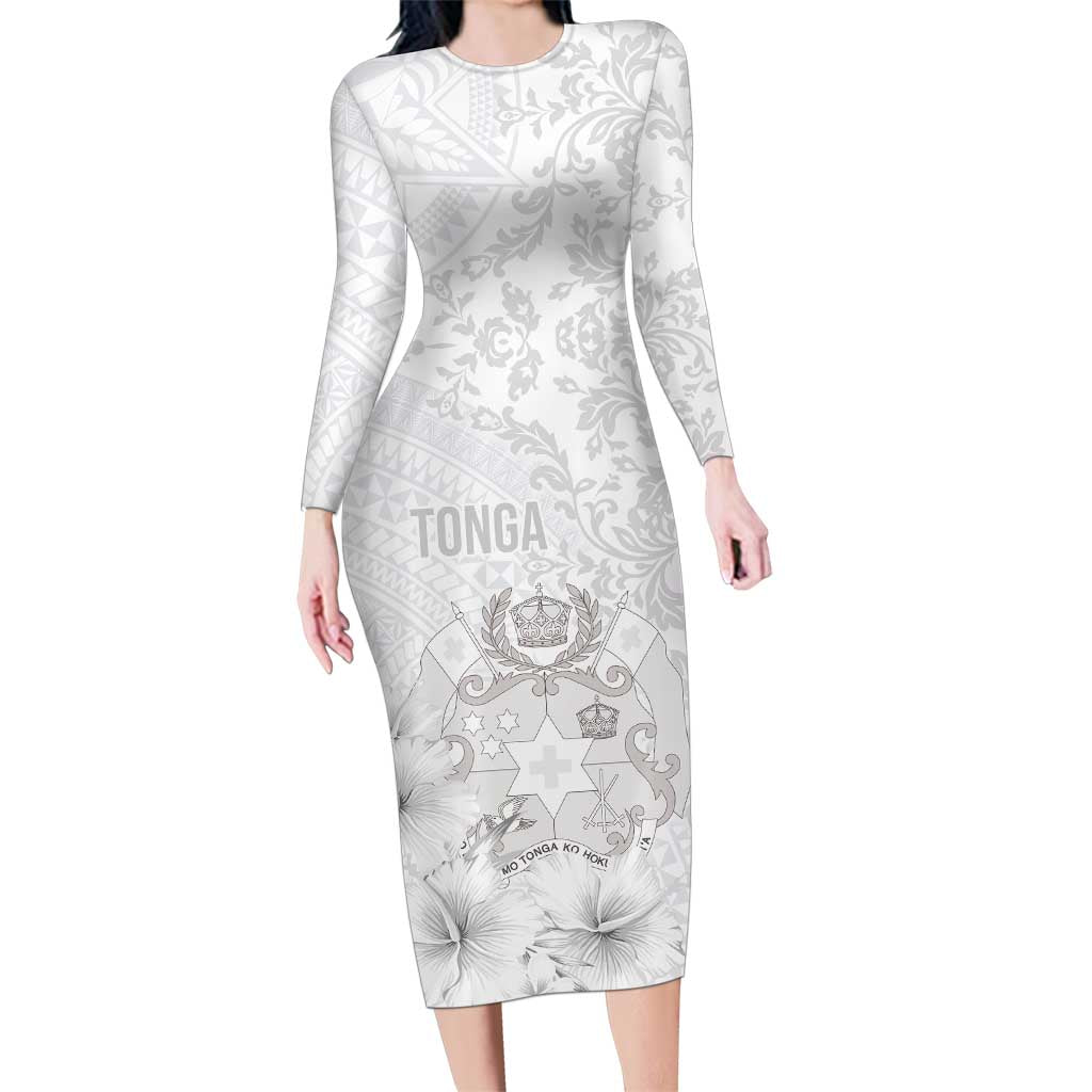 Tonga Faka Sepitema Family Matching Long Sleeve Bodycon Dress and Hawaiian Shirt Ngatu and Floral Pattern with Blooming Hibiscus LT03 Mom's Dress White - Polynesian Pride
