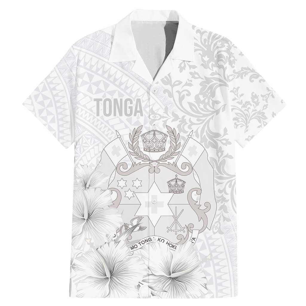 Tonga Faka Sepitema Family Matching Mermaid Dress and Hawaiian Shirt Ngatu and Floral Pattern with Blooming Hibiscus LT03 Dad's Shirt - Short Sleeve White - Polynesian Pride