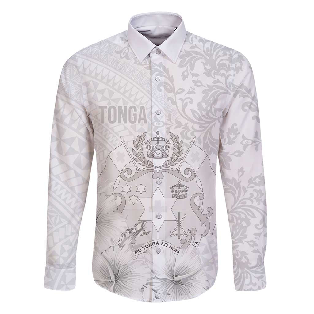 Tonga Faka Sepitema Family Matching Mermaid Dress and Hawaiian Shirt Ngatu and Floral Pattern with Blooming Hibiscus LT03 Dad's Shirt - Long Sleeve White - Polynesian Pride
