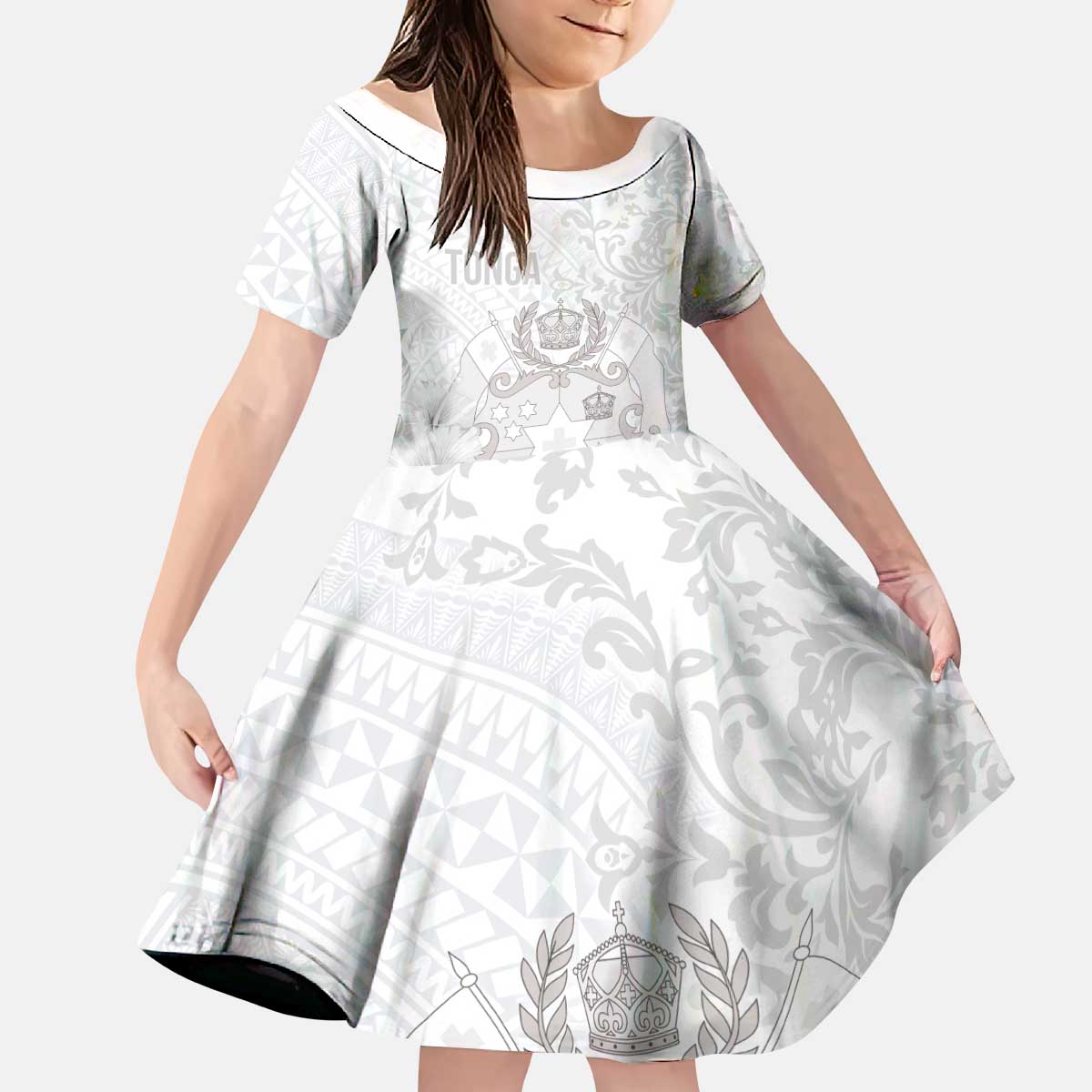 Tonga Faka Sepitema Family Matching Puletasi and Hawaiian Shirt Ngatu and Floral Pattern with Blooming Hibiscus LT03 Daughter's Dress White - Polynesian Pride