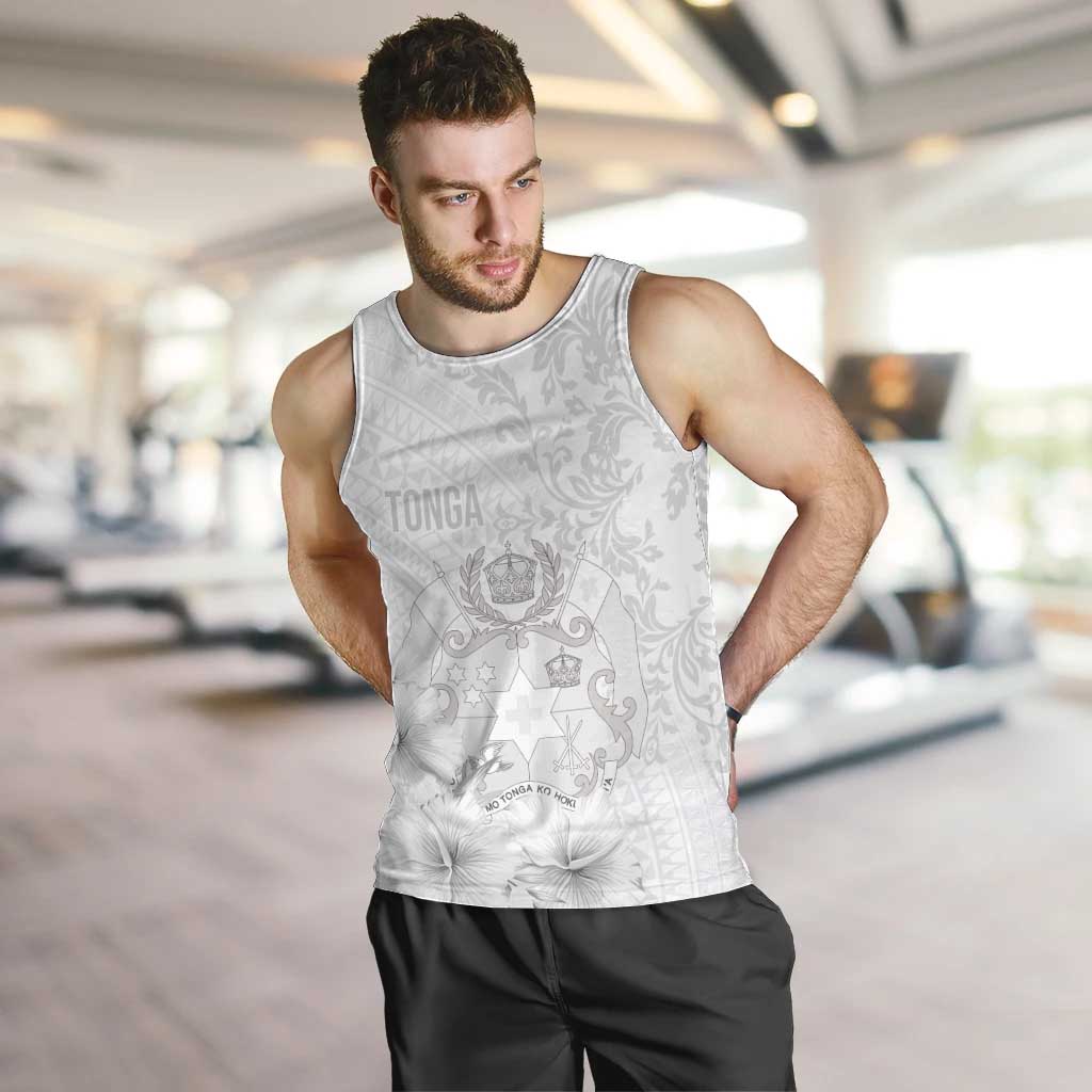 Tonga Faka Sepitema Men Tank Top Ngatu and Floral Pattern with Blooming Hibiscus LT03 White - Polynesian Pride