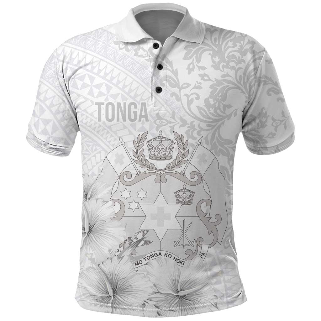 Tonga Faka Sepitema Polo Shirt Ngatu and Floral Pattern with Blooming Hibiscus LT03 White - Polynesian Pride