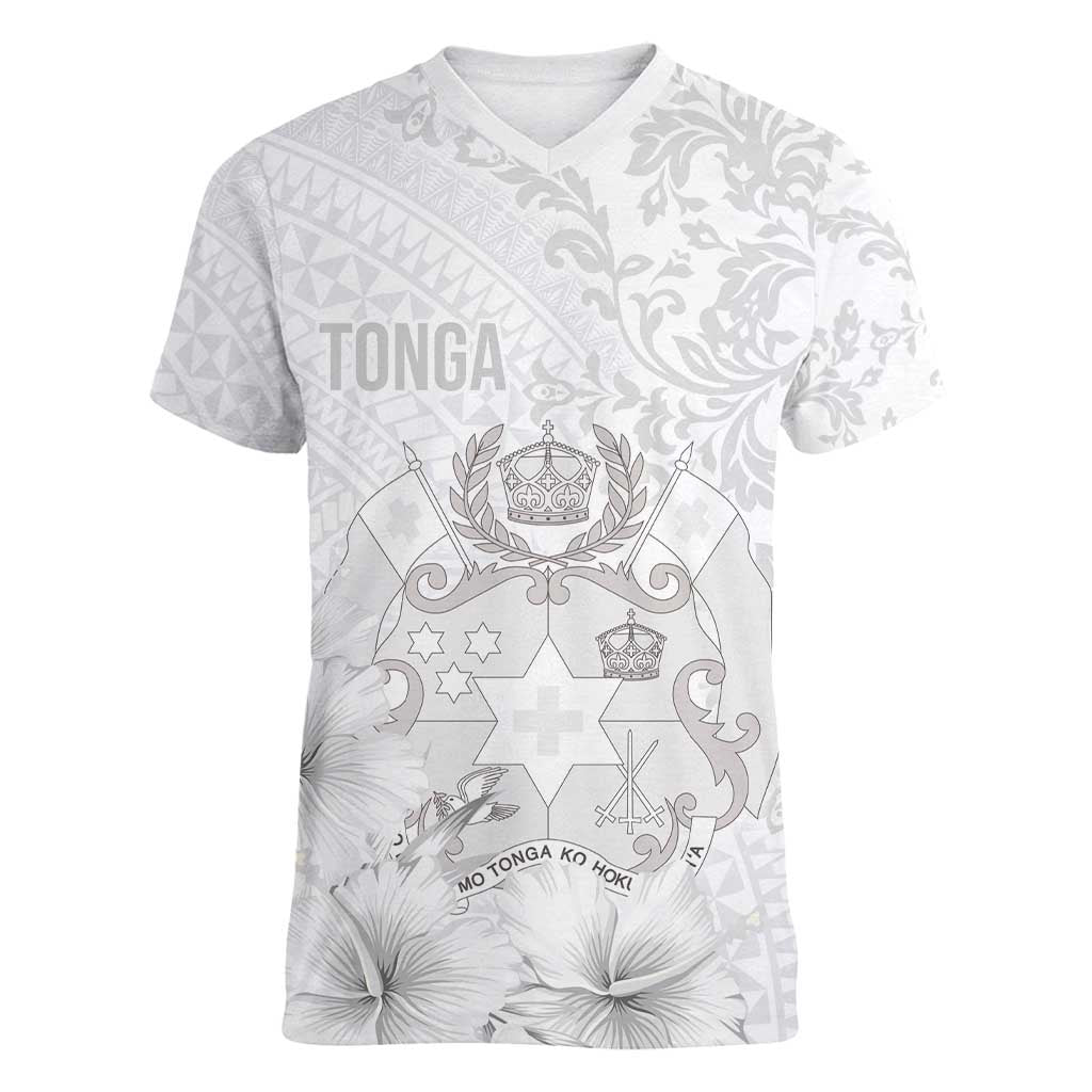 Tonga Faka Sepitema Women V-Neck T-Shirt Ngatu and Floral Pattern with Blooming Hibiscus