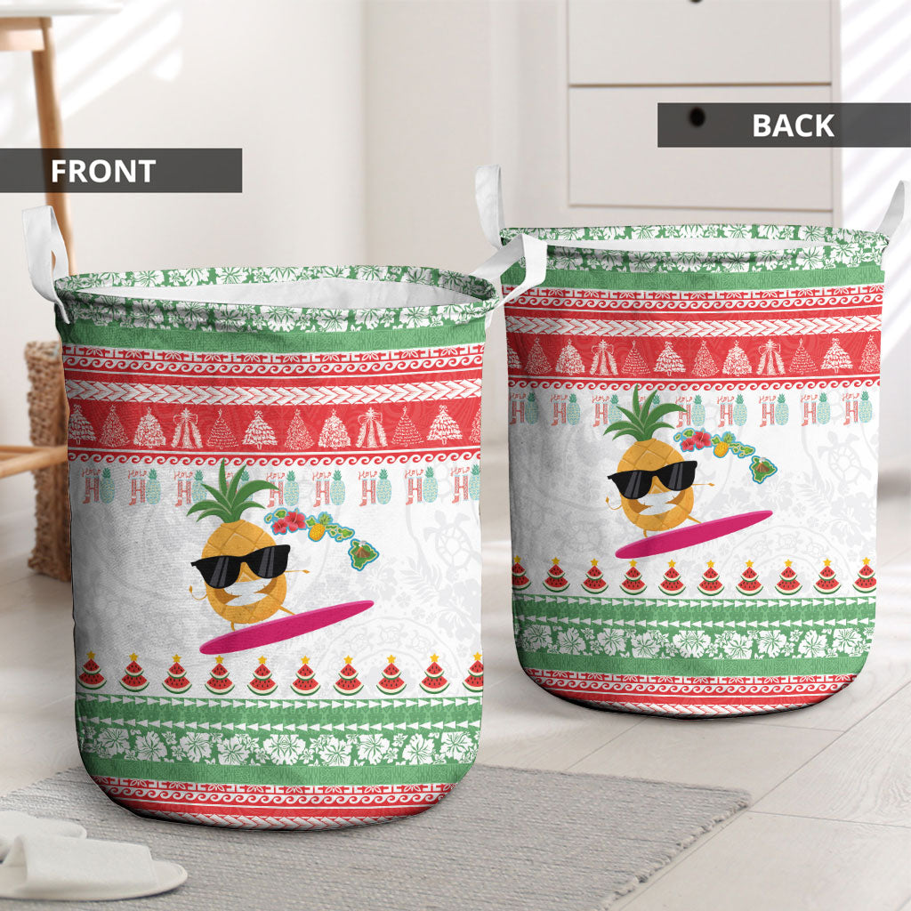Hawaiian Mele Kalikimaka Laundry Basket Funny Pineapple Surfing with Map Christmas Stripe Elements LT03 - Polynesian Pride