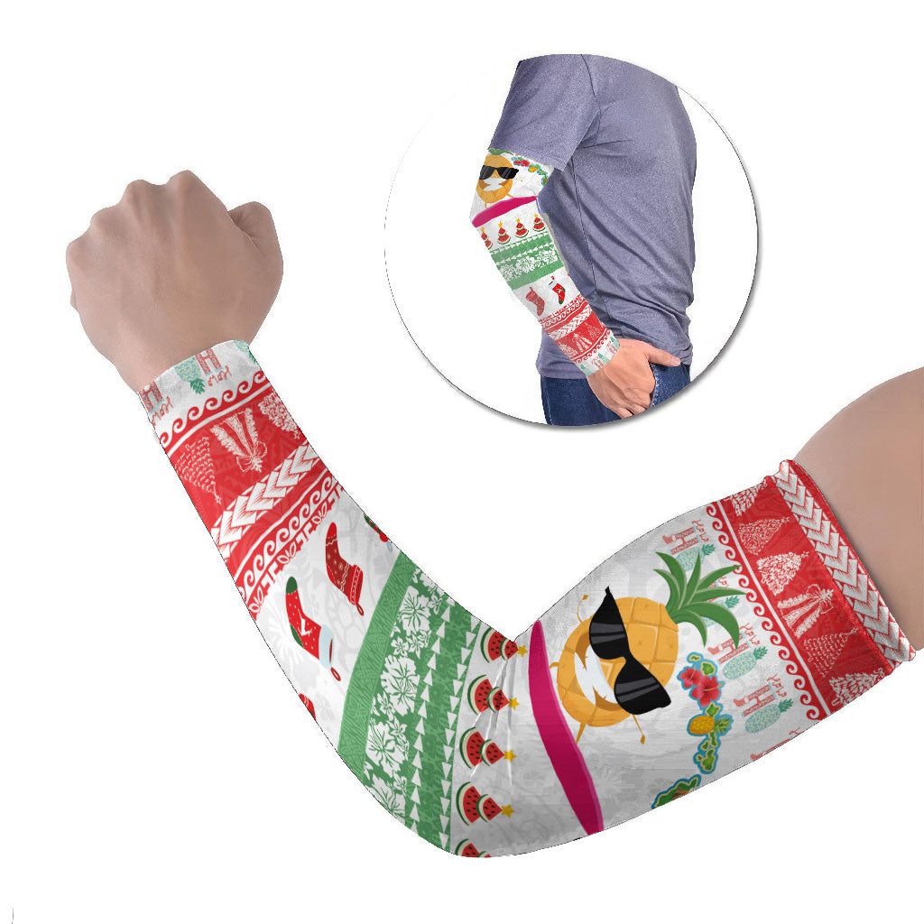 Hawaiian Mele Kalikimaka Arm Sleeves Funny Pineapple Surfing with Map Christmas Stripe Elements LT03 Set of 2 Multicolor - Polynesian Pride