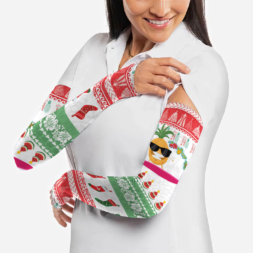 Hawaiian Mele Kalikimaka Arm Sleeves Funny Pineapple Surfing with Map Christmas Stripe Elements LT03 - Polynesian Pride