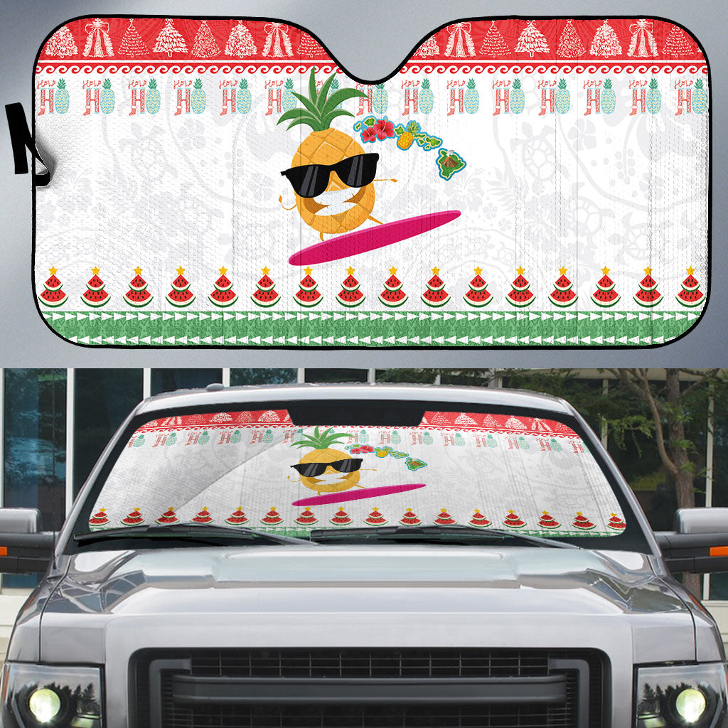 Hawaiian Mele Kalikimaka Auto Sun Shade Funny Pineapple Surfing with Map Christmas Stripe Elements LT03 Multicolor - Polynesian Pride