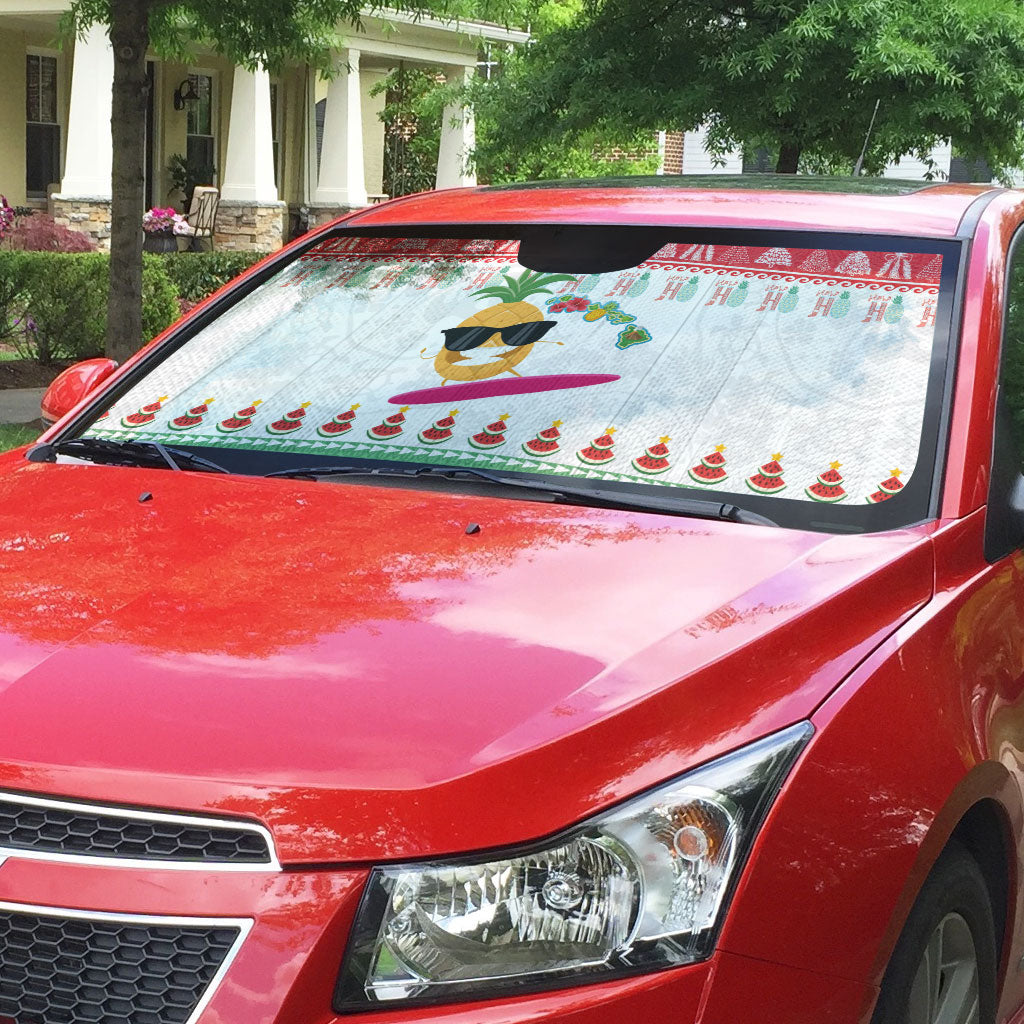 Hawaiian Mele Kalikimaka Auto Sun Shade Funny Pineapple Surfing with Map Christmas Stripe Elements LT03 - Polynesian Pride