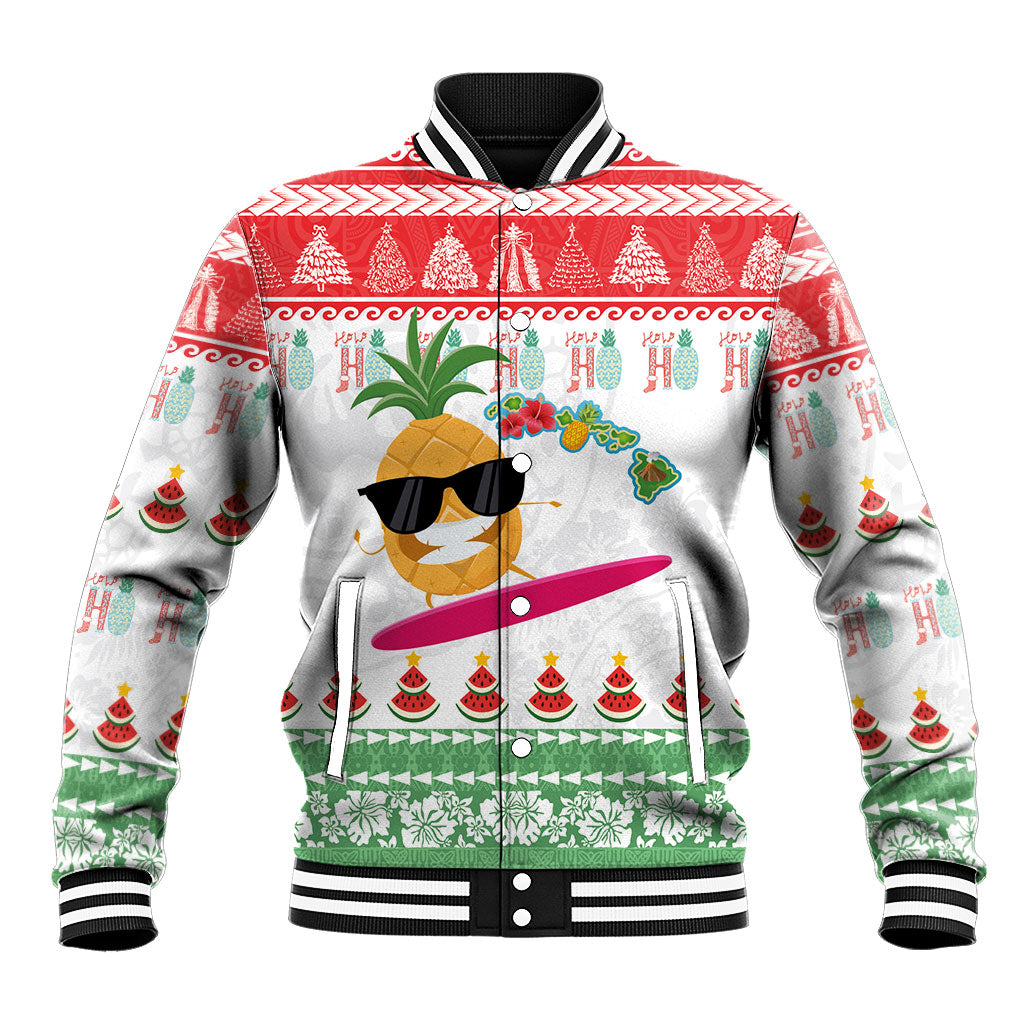 Hawaiian Mele Kalikimaka Baseball Jacket Funny Pineapple Surfing with Map Christmas Stripe Elements LT03 Unisex Multicolor - Polynesian Pride