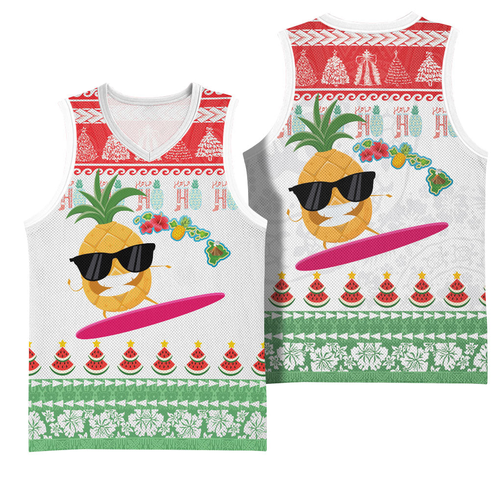 Hawaiian Mele Kalikimaka Basketball Jersey Funny Pineapple Surfing with Map Christmas Stripe Elements LT03 - Polynesian Pride