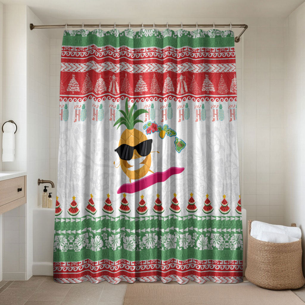 Hawaiian Mele Kalikimaka Bathroom Set Funny Pineapple Surfing with Map Christmas Stripe Elements LT03 Shower Curtain Only Multicolor - Polynesian Pride