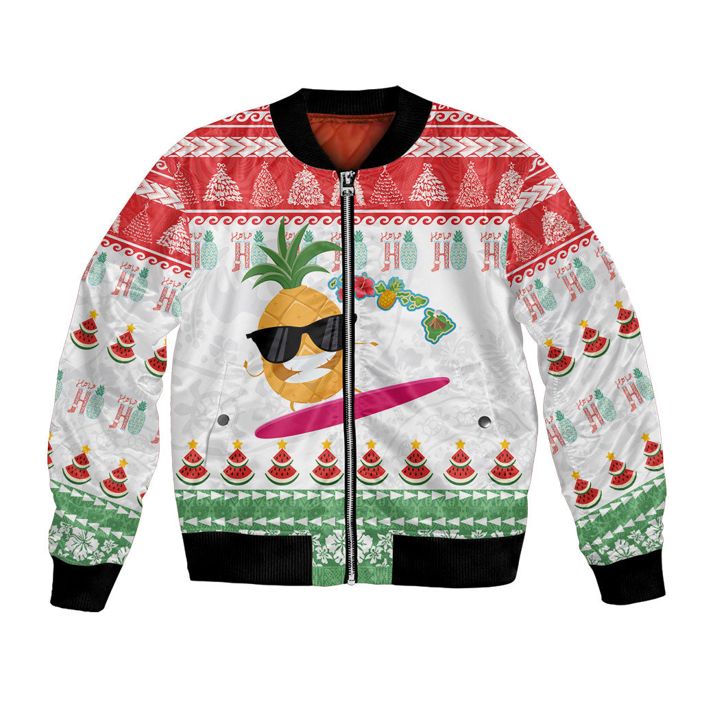 Hawaiian Mele Kalikimaka Bomber Jacket Funny Pineapple Surfing with Map Christmas Stripe Elements LT03 Unisex Multicolor - Polynesian Pride