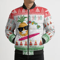 Hawaiian Mele Kalikimaka Bomber Puffer Jacket Funny Pineapple Surfing with Map Christmas Stripe Elements LT03 - Polynesian Pride
