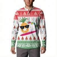 Hawaiian Mele Kalikimaka Button Sweatshirt Funny Pineapple Surfing with Map Christmas Stripe Elements LT03 - Polynesian Pride