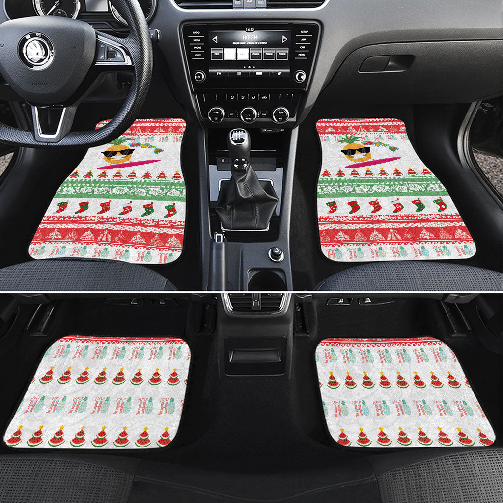 Hawaiian Mele Kalikimaka Car Mats Funny Pineapple Surfing with Map Christmas Stripe Elements LT03 Set 4pcs Multicolor - Polynesian Pride