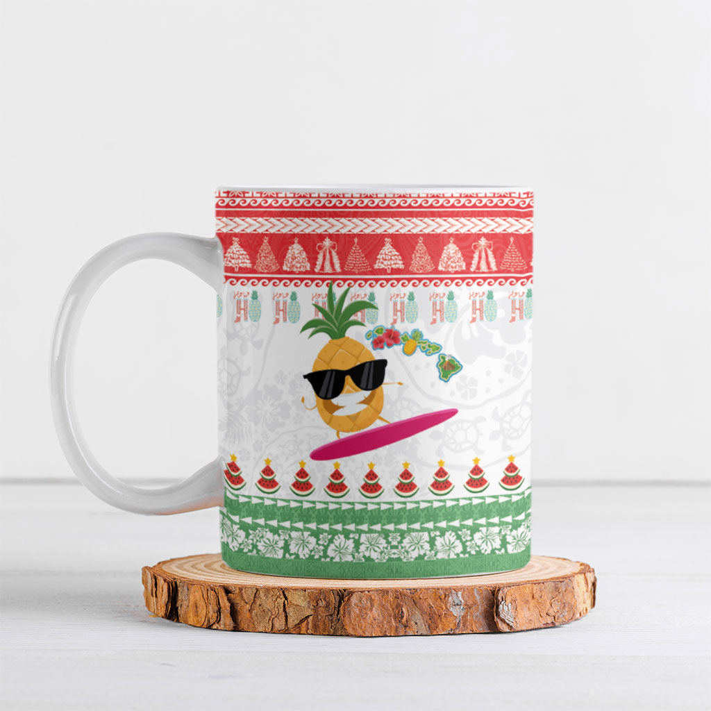 Hawaiian Mele Kalikimaka Ceramic Mug Funny Pineapple Surfing with Map Christmas Stripe Elements LT03 Multicolor - Polynesian Pride