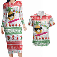 Hawaiian Mele Kalikimaka Couples Matching Long Sleeve Bodycon Dress and Hawaiian Shirt Funny Pineapple Surfing with Map Christmas Stripe Elements LT03 Multicolor - Polynesian Pride