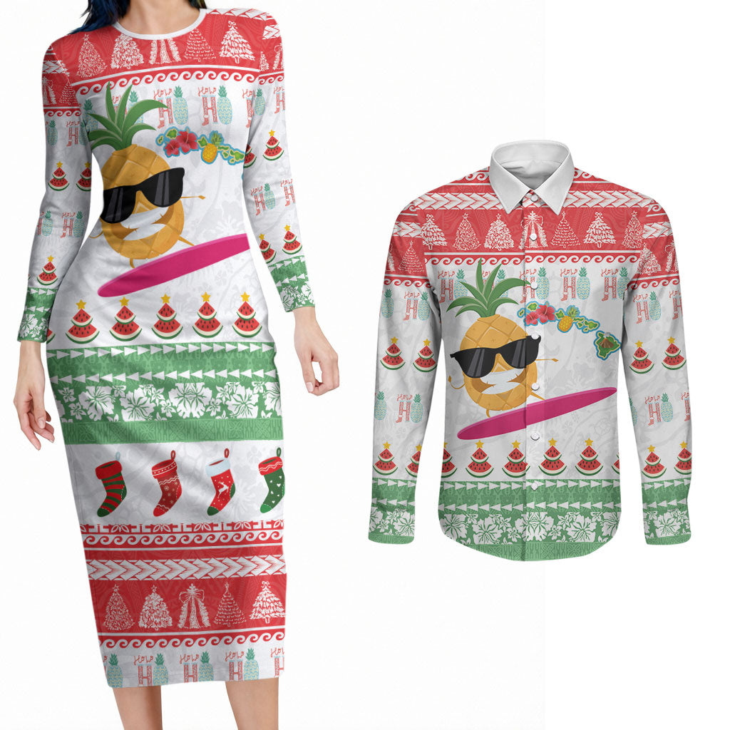 Hawaiian Mele Kalikimaka Couples Matching Long Sleeve Bodycon Dress and Long Sleeve Button Shirt Funny Pineapple Surfing with Map Christmas Stripe Elements LT03 Multicolor - Polynesian Pride