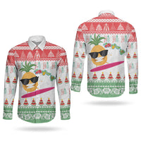 Hawaiian Mele Kalikimaka Couples Matching Long Sleeve Bodycon Dress and Long Sleeve Button Shirt Funny Pineapple Surfing with Map Christmas Stripe Elements LT03 - Polynesian Pride