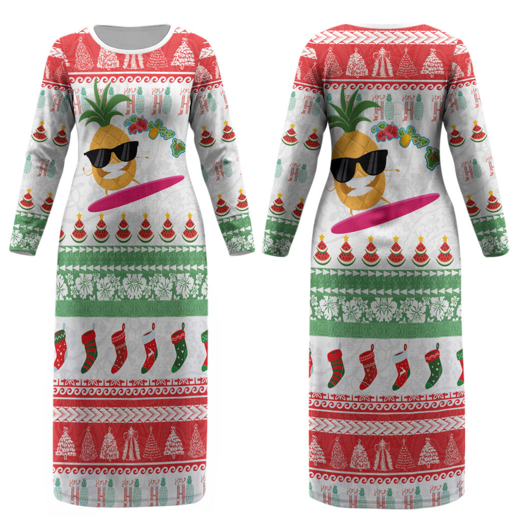 Hawaiian Mele Kalikimaka Couples Matching Long Sleeve Bodycon Dress and Long Sleeve Button Shirt Funny Pineapple Surfing with Map Christmas Stripe Elements LT03 - Polynesian Pride