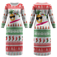Hawaiian Mele Kalikimaka Couples Matching Long Sleeve Bodycon Dress and Long Sleeve Button Shirt Funny Pineapple Surfing with Map Christmas Stripe Elements LT03 - Polynesian Pride