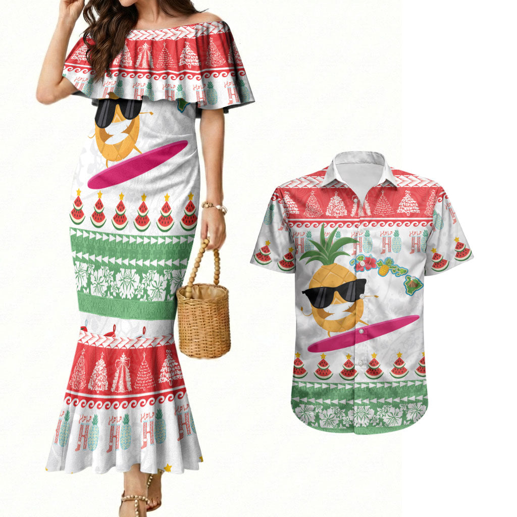 Hawaiian Mele Kalikimaka Couples Matching Mermaid Dress and Hawaiian Shirt Funny Pineapple Surfing with Map Christmas Stripe Elements LT03 Multicolor - Polynesian Pride