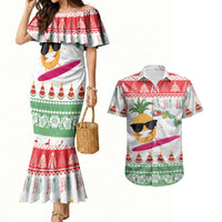 Hawaiian Mele Kalikimaka Couples Matching Mermaid Dress and Hawaiian Shirt Funny Pineapple Surfing with Map Christmas Stripe Elements LT03 Multicolor - Polynesian Pride