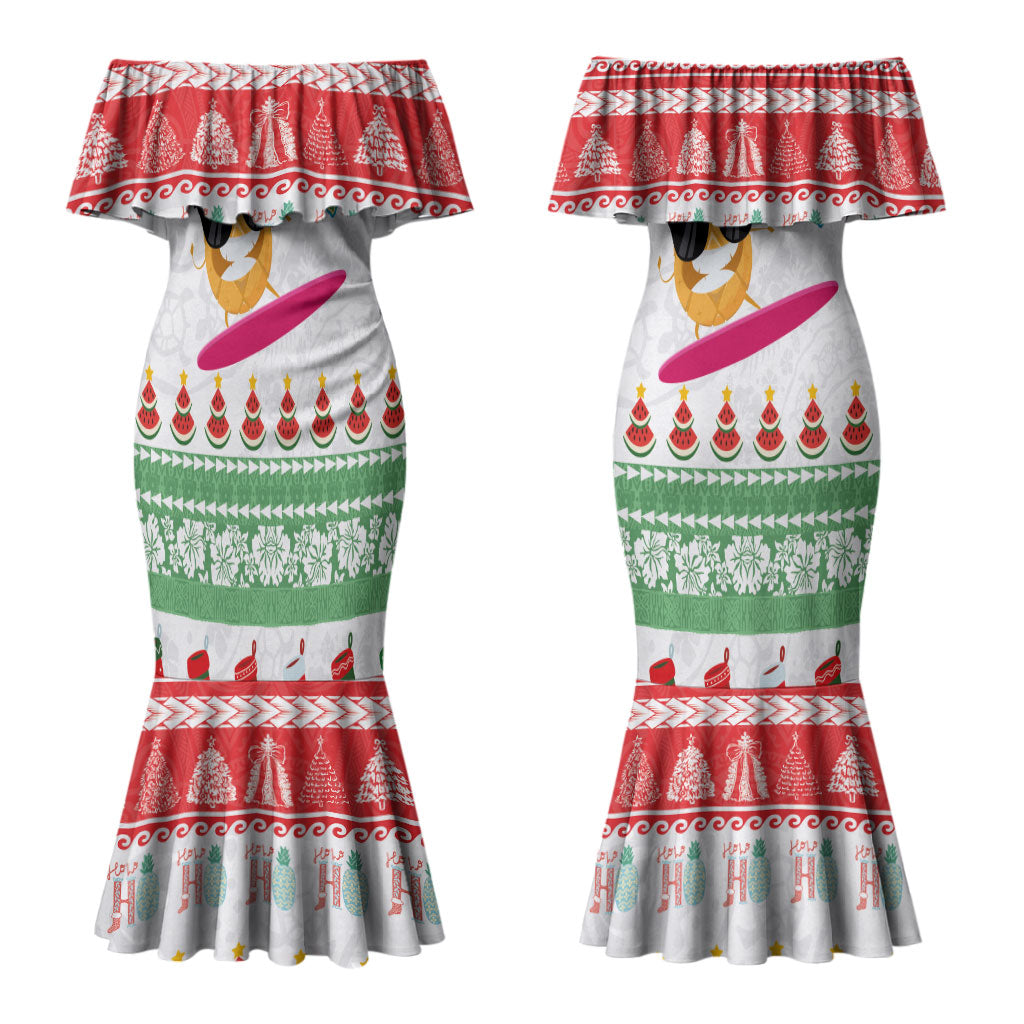 Hawaiian Mele Kalikimaka Couples Matching Mermaid Dress and Hawaiian Shirt Funny Pineapple Surfing with Map Christmas Stripe Elements LT03 - Polynesian Pride