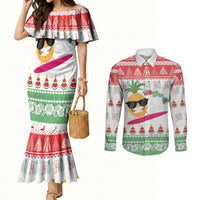 Hawaiian Mele Kalikimaka Couples Matching Mermaid Dress and Long Sleeve Button Shirt Funny Pineapple Surfing with Map Christmas Stripe Elements LT03 Multicolor - Polynesian Pride