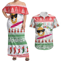 Hawaiian Mele Kalikimaka Couples Matching Off Shoulder Maxi Dress and Hawaiian Shirt Funny Pineapple Surfing with Map Christmas Stripe Elements LT03 Multicolor - Polynesian Pride