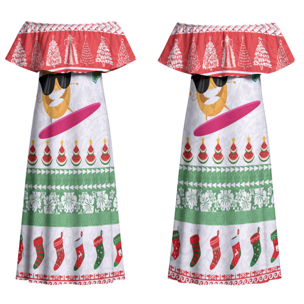 Hawaiian Mele Kalikimaka Couples Matching Off Shoulder Maxi Dress and Hawaiian Shirt Funny Pineapple Surfing with Map Christmas Stripe Elements LT03 - Polynesian Pride