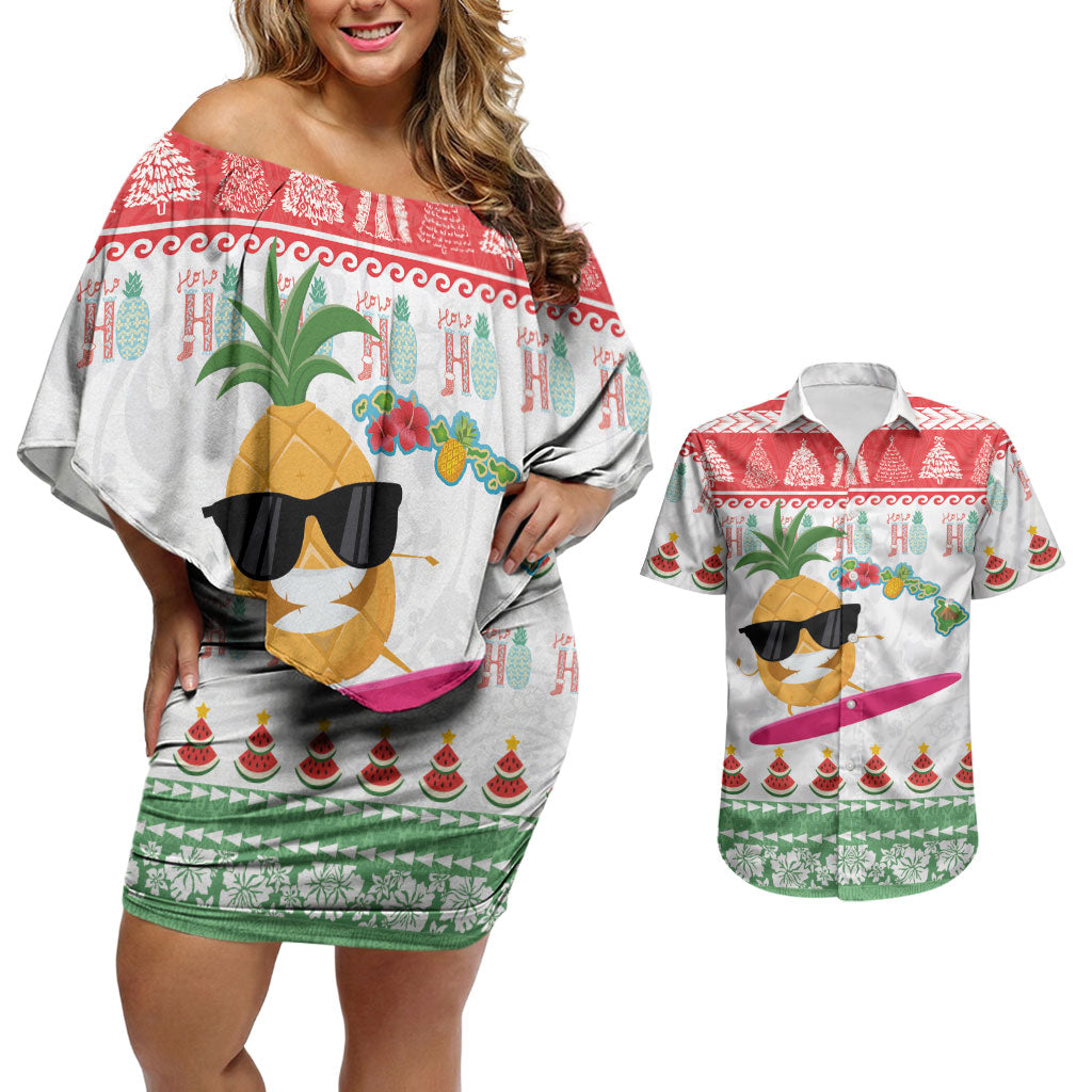 Hawaiian Mele Kalikimaka Couples Matching Off Shoulder Short Dress and Hawaiian Shirt Funny Pineapple Surfing with Map Christmas Stripe Elements LT03 Multicolor - Polynesian Pride
