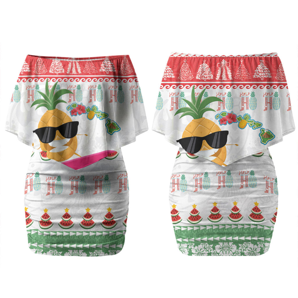 Hawaiian Mele Kalikimaka Couples Matching Off Shoulder Short Dress and Hawaiian Shirt Funny Pineapple Surfing with Map Christmas Stripe Elements LT03 - Polynesian Pride