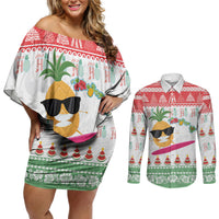 Hawaiian Mele Kalikimaka Couples Matching Off Shoulder Short Dress and Long Sleeve Button Shirt Funny Pineapple Surfing with Map Christmas Stripe Elements LT03 Multicolor - Polynesian Pride