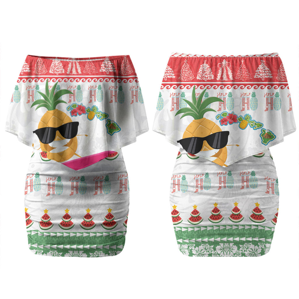 Hawaiian Mele Kalikimaka Couples Matching Off Shoulder Short Dress and Long Sleeve Button Shirt Funny Pineapple Surfing with Map Christmas Stripe Elements LT03 - Polynesian Pride