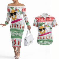 Hawaiian Mele Kalikimaka Couples Matching Off The Shoulder Long Sleeve Dress and Hawaiian Shirt Funny Pineapple Surfing with Map Christmas Stripe Elements LT03 Multicolor - Polynesian Pride