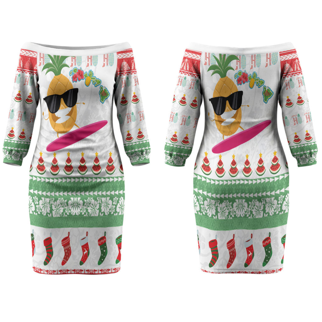 Hawaiian Mele Kalikimaka Couples Matching Off The Shoulder Long Sleeve Dress and Long Sleeve Button Shirt Funny Pineapple Surfing with Map Christmas Stripe Elements LT03 - Polynesian Pride