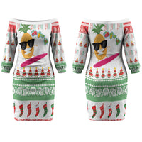 Hawaiian Mele Kalikimaka Couples Matching Off The Shoulder Long Sleeve Dress and Long Sleeve Button Shirt Funny Pineapple Surfing with Map Christmas Stripe Elements LT03 - Polynesian Pride