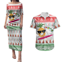 Hawaiian Mele Kalikimaka Couples Matching Puletasi and Hawaiian Shirt Funny Pineapple Surfing with Map Christmas Stripe Elements LT03 Multicolor - Polynesian Pride