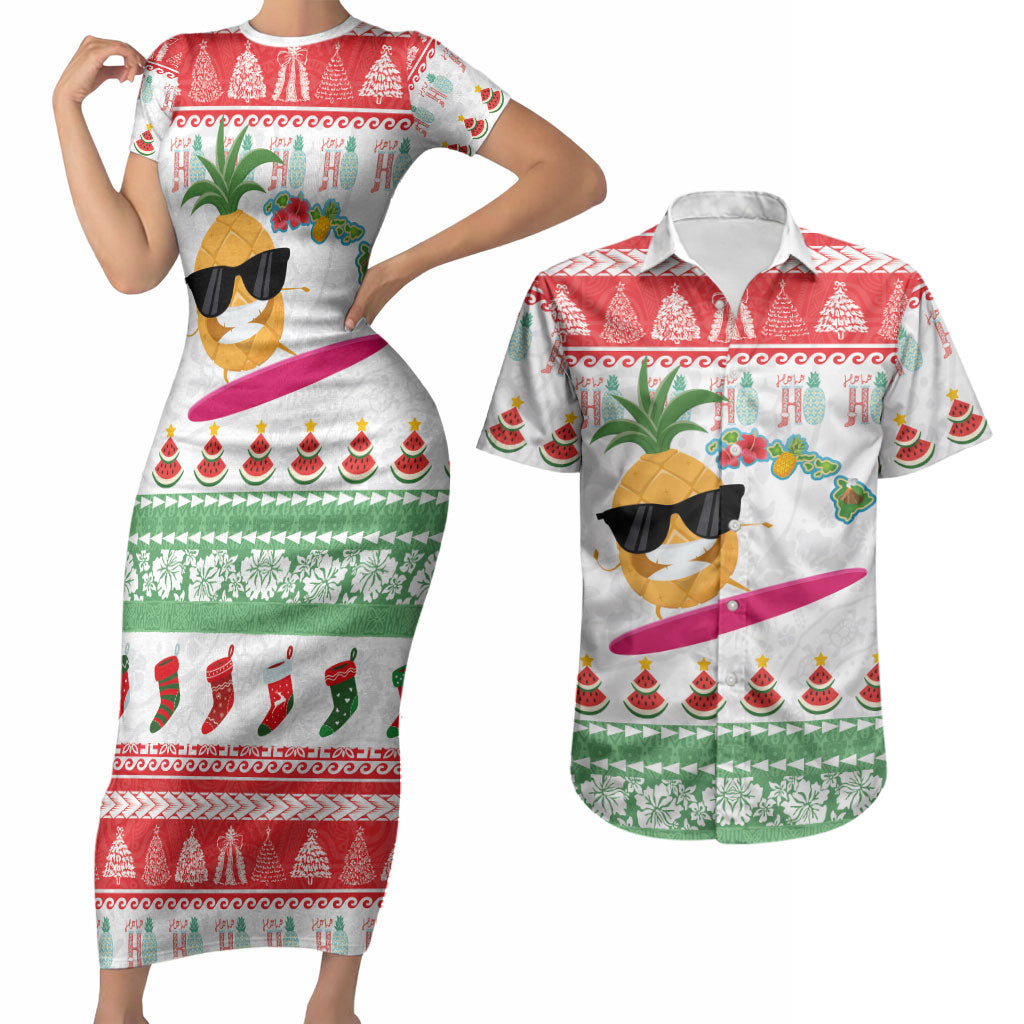 Hawaiian Mele Kalikimaka Couples Matching Short Sleeve Bodycon Dress and Hawaiian Shirt Funny Pineapple Surfing with Map Christmas Stripe Elements LT03 Multicolor - Polynesian Pride