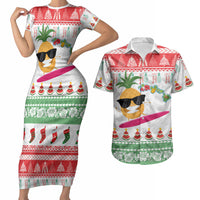 Hawaiian Mele Kalikimaka Couples Matching Short Sleeve Bodycon Dress and Hawaiian Shirt Funny Pineapple Surfing with Map Christmas Stripe Elements LT03 Multicolor - Polynesian Pride
