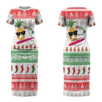 Hawaiian Mele Kalikimaka Couples Matching Short Sleeve Bodycon Dress and Hawaiian Shirt Funny Pineapple Surfing with Map Christmas Stripe Elements LT03 - Polynesian Pride