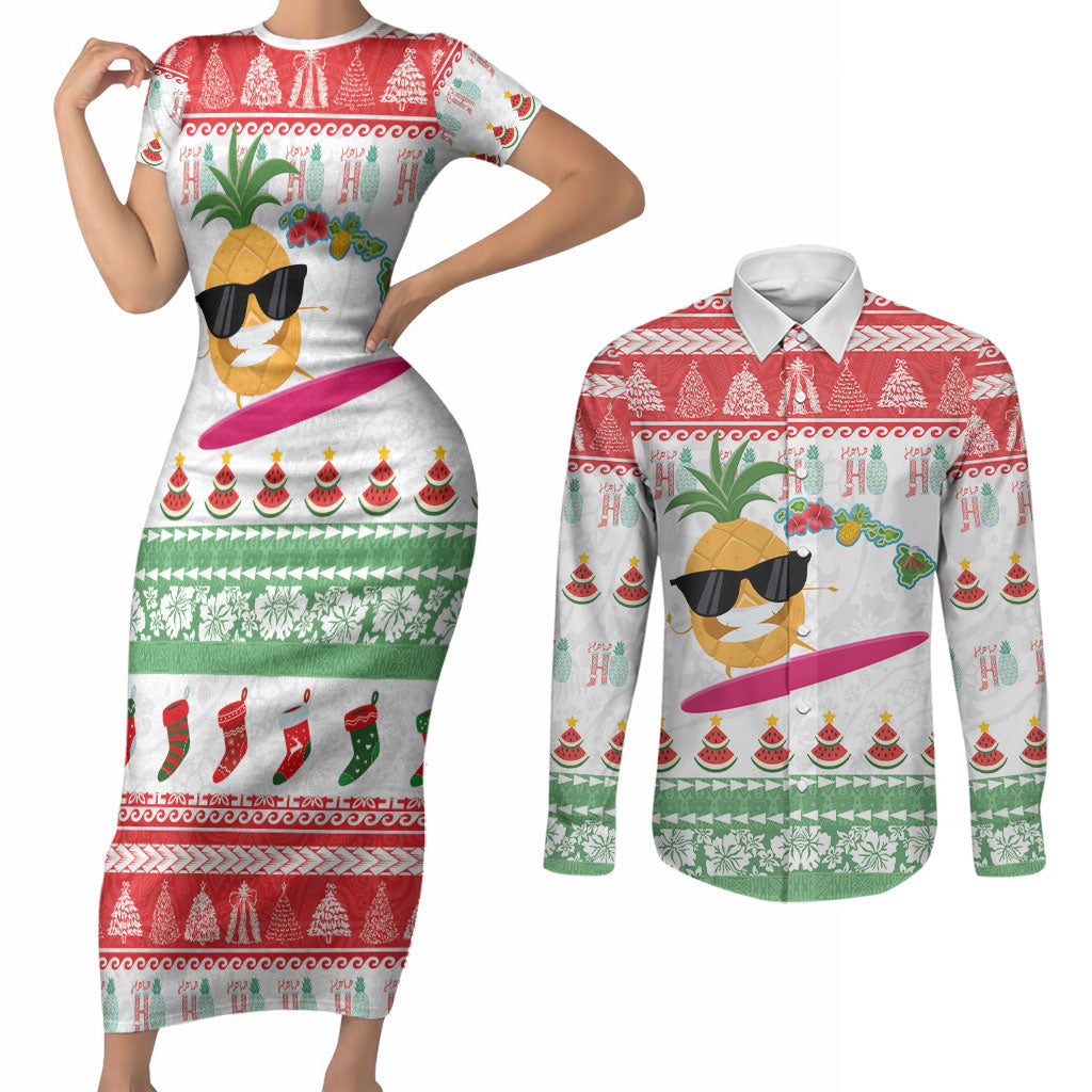 Hawaiian Mele Kalikimaka Couples Matching Short Sleeve Bodycon Dress and Long Sleeve Button Shirt Funny Pineapple Surfing with Map Christmas Stripe Elements LT03 Multicolor - Polynesian Pride