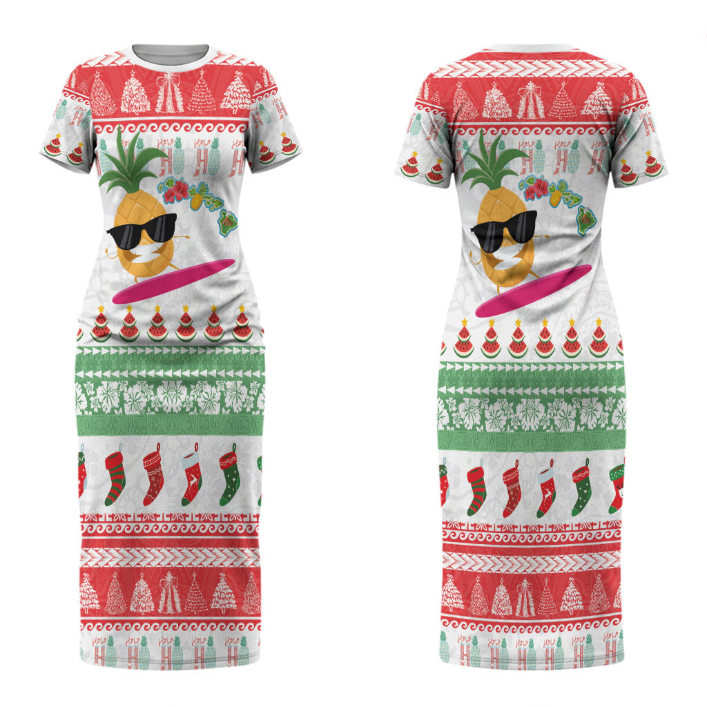 Hawaiian Mele Kalikimaka Couples Matching Short Sleeve Bodycon Dress and Long Sleeve Button Shirt Funny Pineapple Surfing with Map Christmas Stripe Elements LT03 - Polynesian Pride